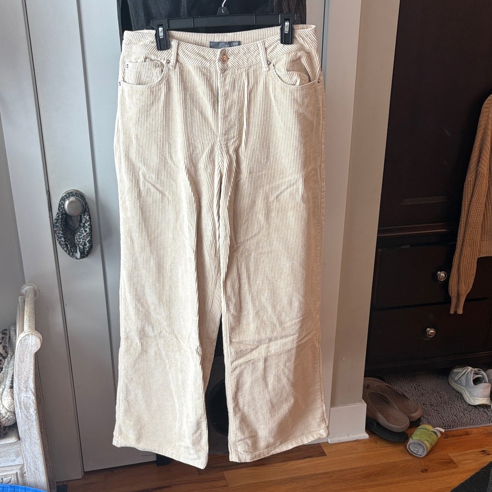 Cream Corduroy Wide-Leg Pants